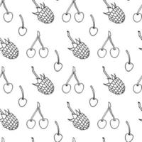 Seamless pattern with black-and-white cherry and raspberry on white background. Vector image.