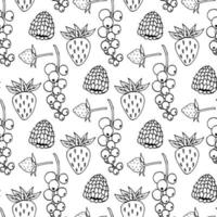 Seamless pattern with black-and-white raspberry, currant and strawberries on white background. Vector image.