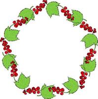 Round frame with red currant and leaves on white background. Vector image.