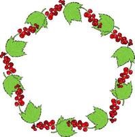 Round frame with red currant and leaves on white background. Vector image.