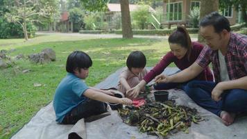 una familia de dos hijos está ayudando a sacar restos de frutas y verduras para aprender a hacer composta natural. en el jardín delantero en vacaciones video