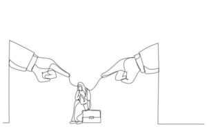 Drawing of giant boss hands pointing and blaming at depressed muslim businesswoman employee. Metaphor for toxic work, abuse or bullying colleagues. Single continuous line art style vector