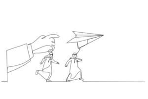 Cartoon of arab businessman run to paper plan. Metaphor for follow instruction. Continuous line art style vector