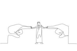 Drawing of arab man resisting pressure from two pointing giant hand. Single line art style vector