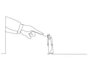 Drawing of giant hand angry points a finger at arab businessman employee. Metaphor for job reduction or dismissal. Single line art style vector