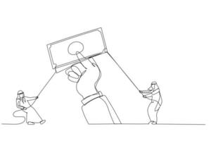 Cartoon of arab man pull money in the hands of giants. Single continuous line art style vector