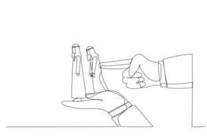 Illustration of index finger overturns row of arab man standing on big hands. Metaphor for dismissal, unemployment, layoffs. One line art style vector