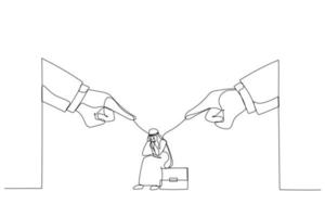 Illustration of giant boss hands pointing and blaming at depressed arab businessman employee. Metaphor for toxic work, abuse or bullying colleagues. One continuous line art style vector