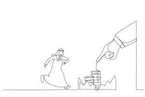 Drawing of arab man running to catch the coin money in the steel bear trap. Metaphor for greed, financial risk and bad decision. Single continuous line art vector