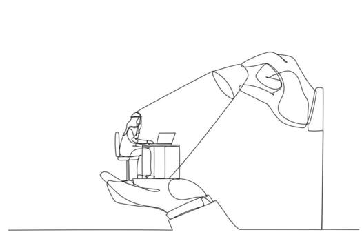 Illustration of big hands holding arab man and lighting on the top, metaphor for control, support and coordination. One continuous line art style vector
