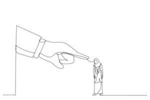 Cartoon of giant hand angry points a finger at arab woman employee. Metaphor for job reduction or dismissal. One line art style vector