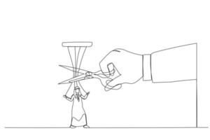 Illustration of giant hand with scissors cutting the strings attached to arab businessman. Metaphor for freedom, independent, liberation. One line art style vector