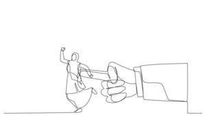 Illustration of giant hand pushing arab businesswoman. Metaphor for giving the push at work. Single line art style vector