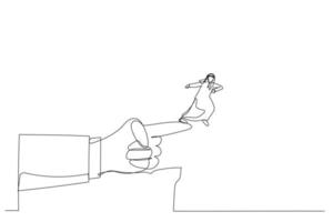 Drawing of giant hand pointing to the wrong way to a arab man. Single line art style vector