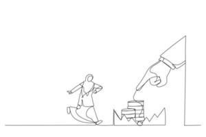 Cartoon of arab businesswoman running to catch the coin money in the steel bear trap. Metaphor for greed, financial risk and bad decision. One continuous line art style vector