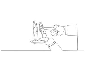 Drawing of index finger overturns row of muslim businesswoman standing on big hands. Metaphor for dismissal, unemployment, layoffs. Single continuous line art style vector