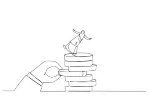 Cartoon of giant hand pull back money from coin stack causing arab woman to fall down. Metaphor for investment risk, liquidity, market volatility. One continuous line art style vector