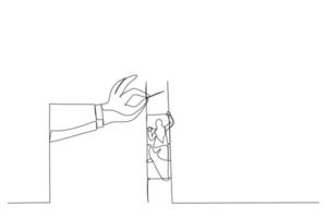 Cartoon of big hand help arab woman build ladder. One line art style vector
