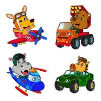 cartoon set of illustrations of animals and military vehicles, kangaroos, bears, hippos, and horses, tanks, armored vehicles, great for children's book illustrations, stickers, stationery, websites vector