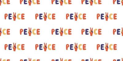 Vector flat hand drawn seamless pattern with peace lettering. Flat vector hippy boho illustration