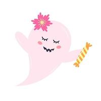 lindo fantasma rosa con dulces y flores. personaje de halloween aislado sobre fondo blanco. vector