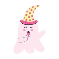Cute pink ghost in a hat with a heart lollipop. Halloween character isolated on white background. vector