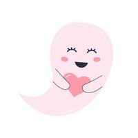 Cute pink ghost with a heart. Halloween character isolated on white background. vector