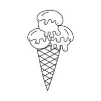 Melting ice cream balls in the waffle cone in doodle style. Black and white vector illustration for coloring book.