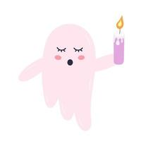 lindo fantasma rosa con una vela. personaje aterrador divertido de halloween aislado sobre fondo blanco. vector