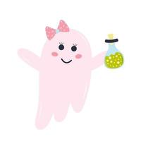 Cute pink ghost with a bottle of potion and hair bow. Halloween character isolated on white background. vector