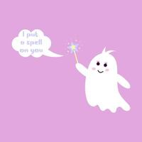 Cute ghost with magic wand and speech bubble. I put a spell on you. Halloween card. vector