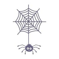 Cute spider hanging on spider web. Halloween character with big eyes and smile. vector