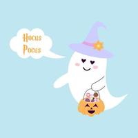 lindo fantasma en un sombrero con canasta de calabaza llena de dulces. burbuja de diálogo. Hocus Pocus. tarjeta de halloween vector