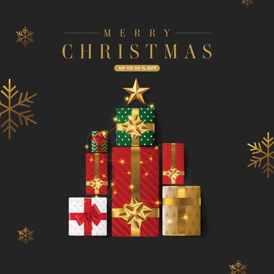 Christmas gift boxes laid out in the shape of a Christmas tree, overhead view. Merry Christmas