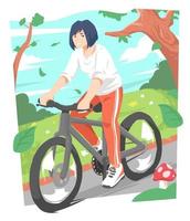ilustración de una mujer joven en bicicleta en la carretera. fondo de jardín, hierba, árboles. el concepto de deportes, pasatiempos, transporte, naturaleza, salud, etc. vector dibujado a mano
