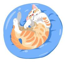 lindo gato naranja está durmiendo en una almohada suave azul. adecuado para el tema de mascotas, lindo, animal, diseño de camisetas, amante de los animales, comunidad de gatos. estilo de dibujos animados dibujados a mano vector