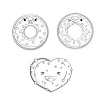 esquema de dibujo de donuts y galletas en forma de corazón. icono de vector ilustración linda icono de vector blanco y negro ilustración linda. pegatina logos de dibujos animados kawaii. concepto de postre.