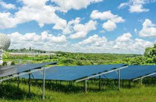 Photovoltaic power station or solar park. PV system. Solar farm and green field. Solar power for green energy. Photovoltaic power plant generate solar energy. Clean energy. Sustainable resources. photo