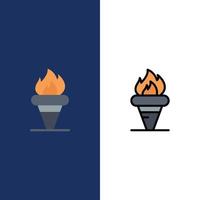 Flame Games Greece Holding Olympic  Icons Flat and Line Filled Icon Set Vector Blue Background