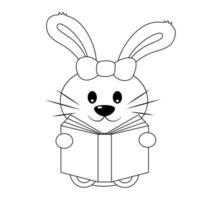 Cute Rabbit read book. Draw illustration in black and white vector