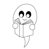 Cute Ghost read book. Draw illustration in black and white vector