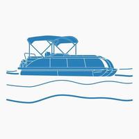 Editable Isolated Flat Monochrome Style Pontoon Boat on Wavy Water Vector Illustration with Blue Color and Semi-Oblique Side View for Artwork Element of Transportation or Recreation Related Design