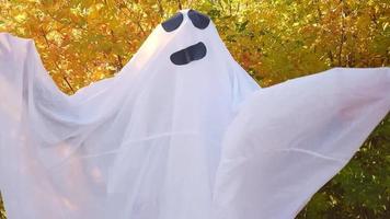 halloween spöke, dans i de höst gul skog, vinka hans händer. en glad spöke i en vit ark. video