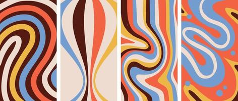 Set of Retro Groovy rainbow background templates with linear psychedelic geometric patterns. Vector hand drawn illustration. 70s bright desing 1920-1080 size