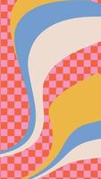 Retro wavy abstract vertical backgrounds in style hippie 60s, 70s. Trendy groovy distorted waves on checkered backdrop. Vector geometric illustration