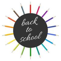 A set of multi-colored pencils placed in a circle and an inscription of Back to School. Vector illustration