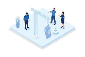 Characters selling old clothes on flea market or second hand, isometric vector modern illustration