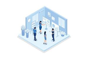 Characters working at home office and coworking space. People talking with colleagues, isometric vector modern illustration