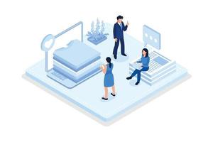 Characters buying recycling eco friendly textile and selling or donating vintage clothes on online flea market or second hand, isometric vector modern illustration