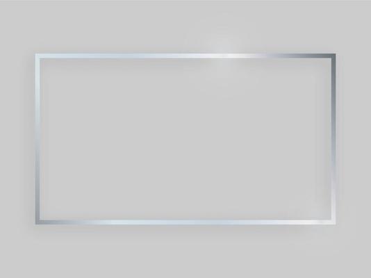 Shiny frame with glowing effects. Silver rectangular frame with shadow on grey background. Vector illustration